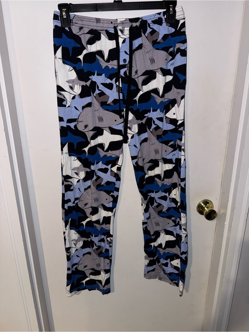 Men's Blue & Black Shark Print PJ bottoms lounge Pants Mens medium